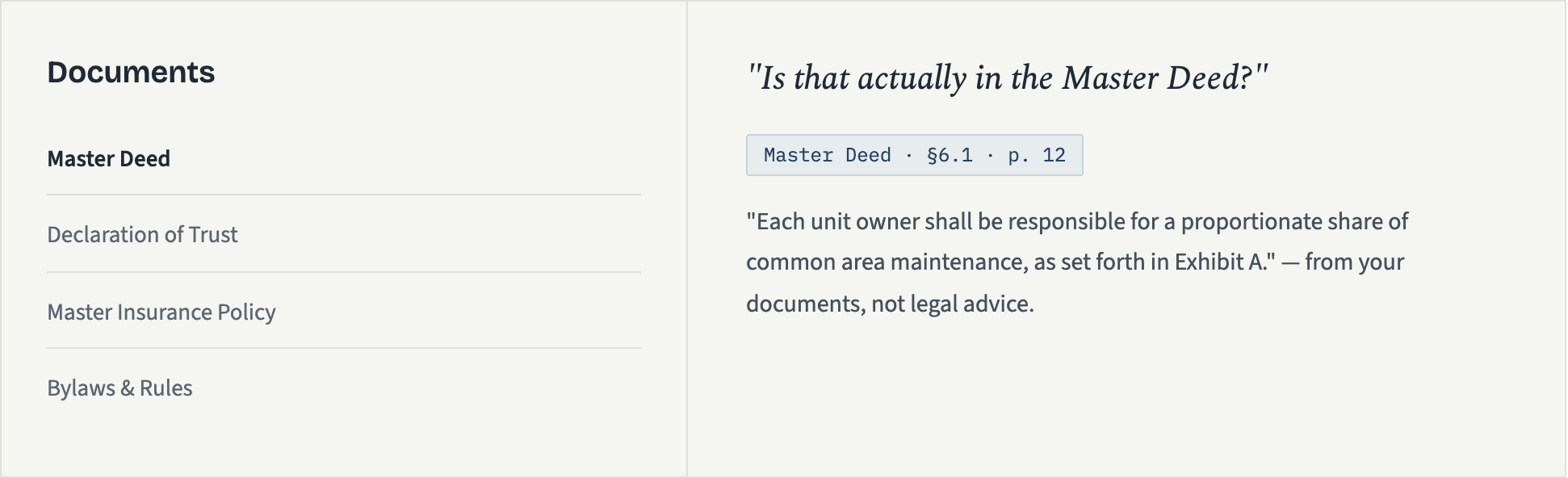 Documents module with a page-cited answer from the association's governing documents